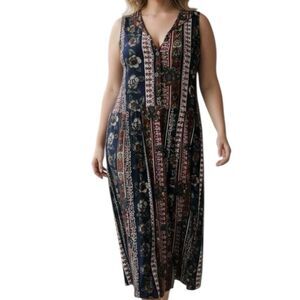 Center Aisle Navy/Rust Floral Abstract Sleeveless V-neck Boho Midi L